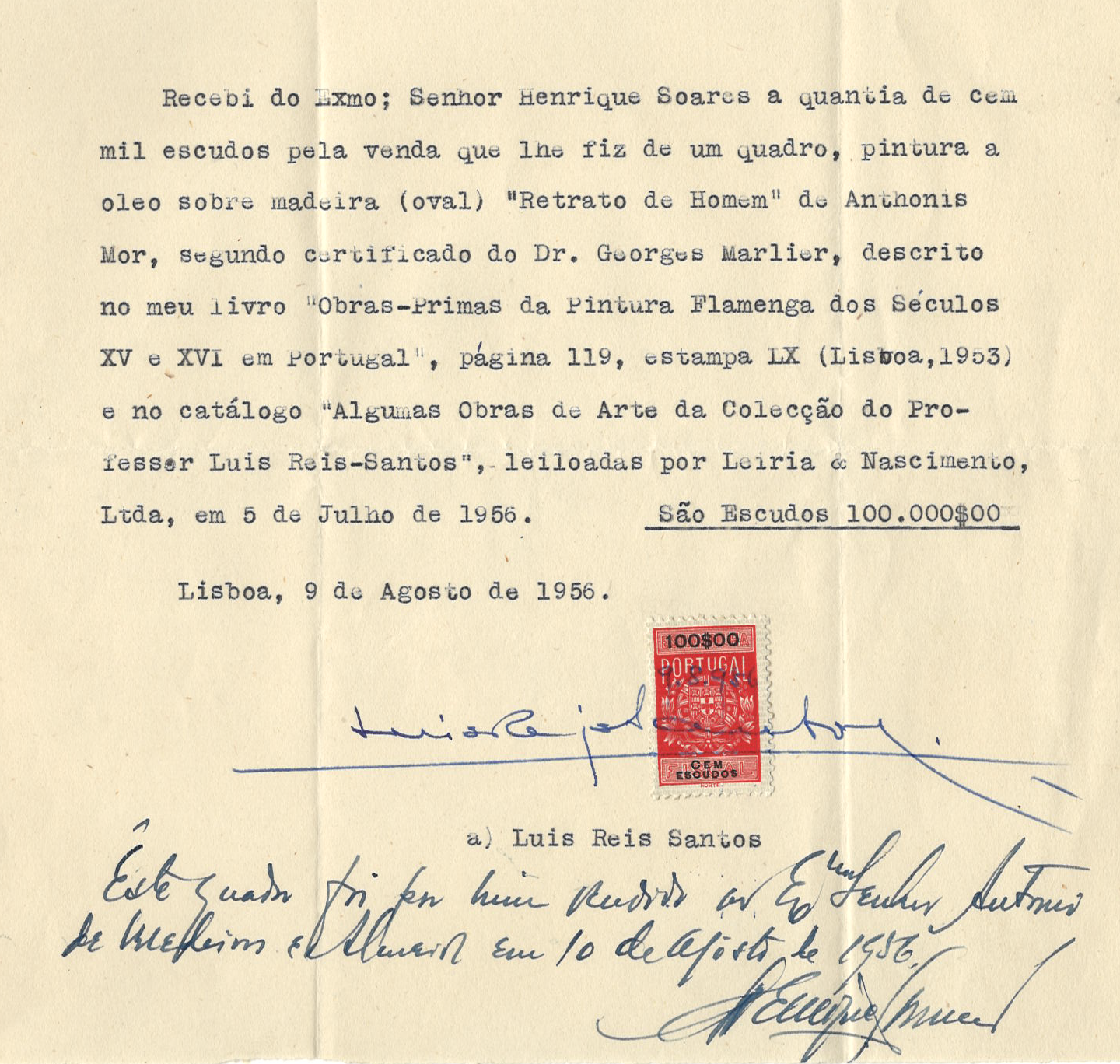 Nota de venda de 9 de agosto de 1956 - FMA 65. Arquivo do Museu Medeiros e Almeida.